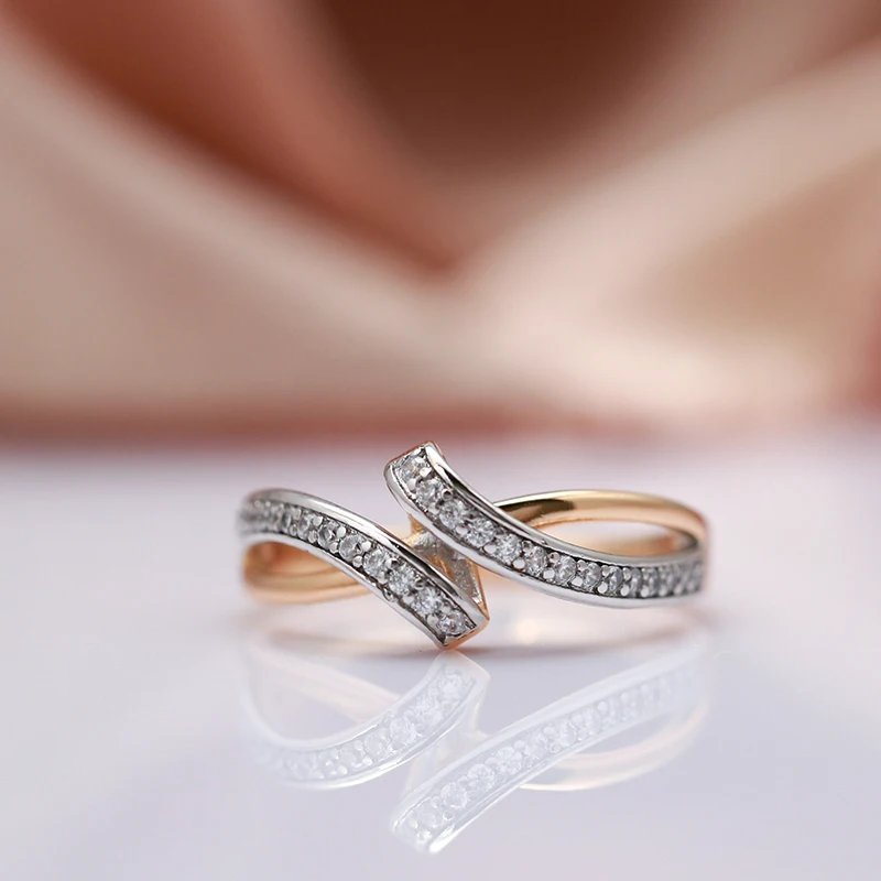 

Kinel Fashion 585 Rose Gold Rings for Women Micro-wax Inlay Natural Zircon Unusual Geometric Bend Fine Ring Vintage Jewelry