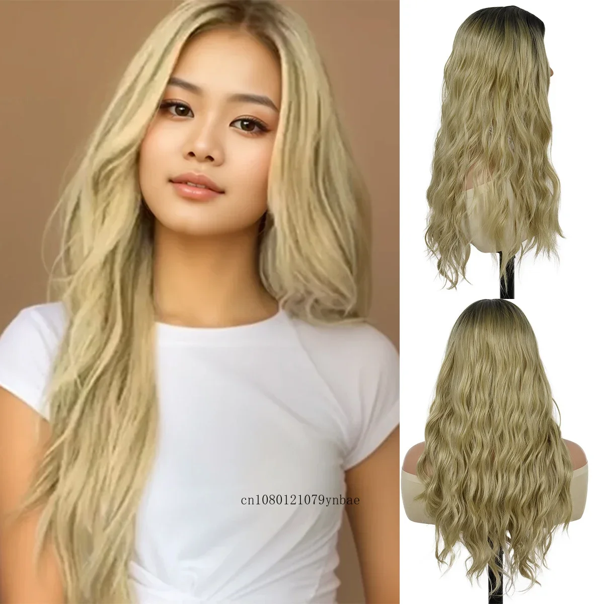 Synthetic Hair Ombre Blonde Long Curly Wave Wigs for Women Girls Middle Part Dark Root Wig Daily Costume Party Heat Resistant