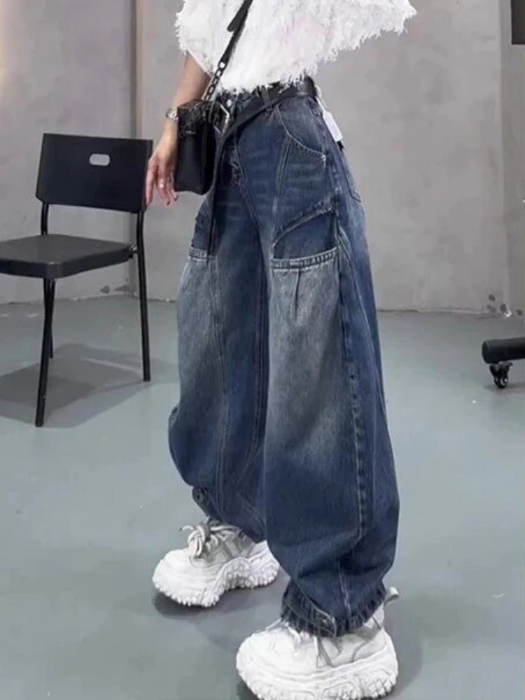 Otoño nuevo retro lavado patchwork jeans mujeres adelgazamiento cintura alta diseño suelto sentido curvo y pantalones de pierna ancha