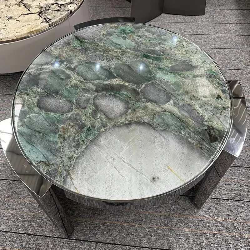 Luxury Natural Snowflake Green Marble Dining Table with Turntable Modern Stone Furniture for Dining Room Decoration
