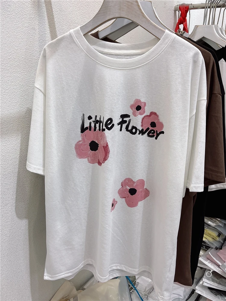 Plus maat 300 Pou Koreaanse Sle Floral Letter Snowflake Cotton Print of Sve T-irt Dames Zomer losse afslanktop