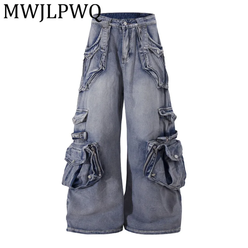 

MWJLPWQ Модные осенние американские тяжелые потертые джинсовые брюки 2025 года, уличные высококачественные повседневные широкие джинсы с несколькими карманами, 21443