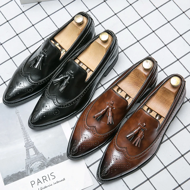 

Мужские классические деловые кожаные туфли-броги с острым носком, повседневные, для торжественных мероприятий, с кисточками, лоферы