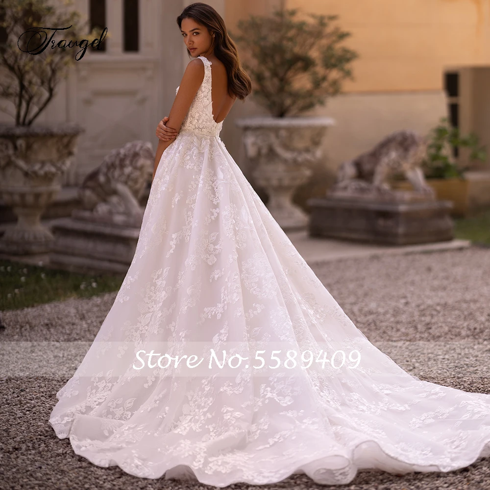 Traugel Elegant Backless V Neck Lace Vintage Wedding Dresses Luxury Appliques Beaded Tank Court Train A Line Bridal Gown