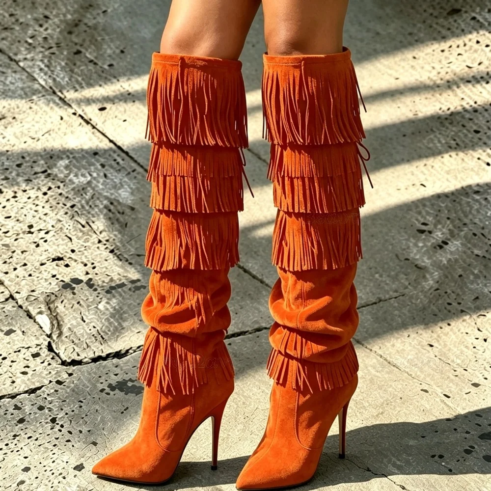 Blue Fringe Decor Boots Solid Pointed Toe Mid Calf Thin High Heels Shoes High Heel Shoes for Women New Zapatos Para Mujere