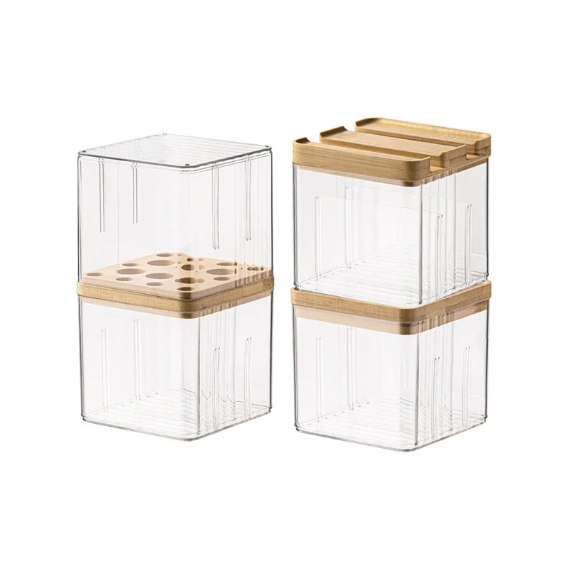 일본식 나무 데스크탑 투명 플라스틱 보관 상자 테이블 화장품 메이크업 브러쉬 보관 보관 상자 면봉 홀더