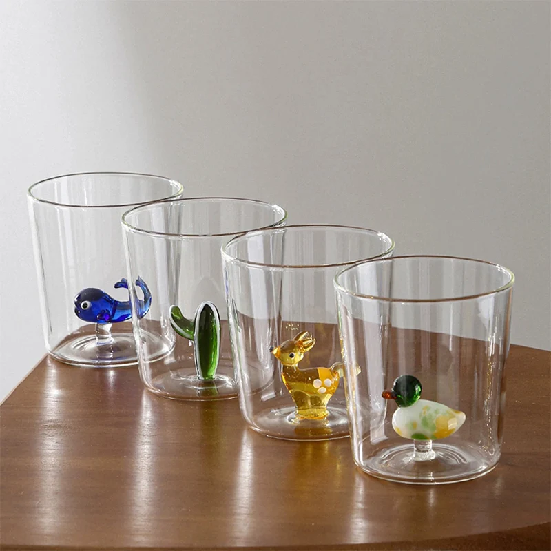 1/2/4 Stück 3D-Cartoon-Glasbecher, niedliche dreidimensionale Tierpflanzenform, Kaffee- und Milchgetränkebecher für Bar, transparente Saftgläser