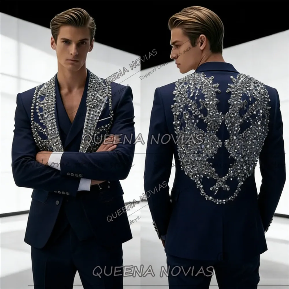 

Customized Diamond Ornament Men Suits 2 Pieces Sets Groom Male Prom Blazers trajes para hombre Slim Fit Beading Wedding Tuxedos