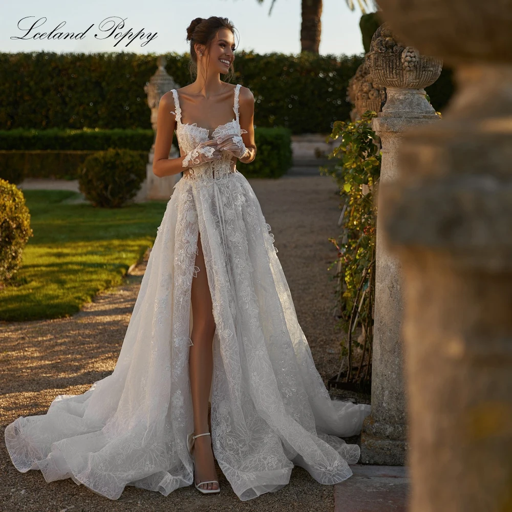Lceland Poppy Customized Sexy A Line Lace Wedding Dresses Illusion Floor Length Bridal Gowns with High Slit