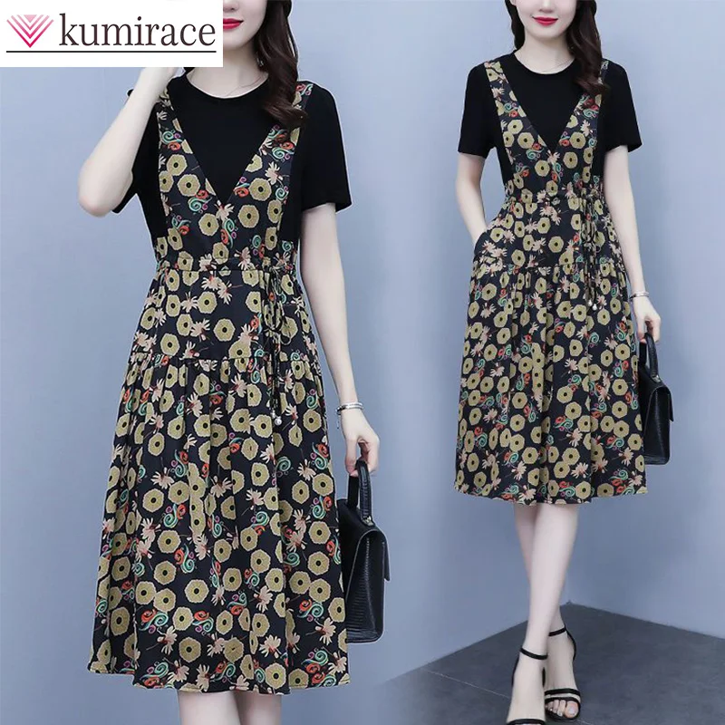 

Covering Belly Skirt Women's Korean Summer Fashion Western Slim Fit Fake Two Mid Length Age Reducing Dresses Long Dresses