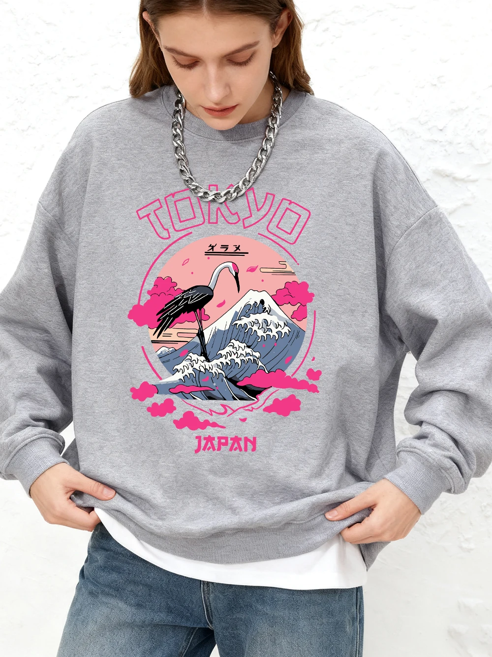 طوكيو اليابان الطباعة المرأة هوديس الخريف الدافئة الركض بلوزات عادية المتضخم Crewneck البلوفرات الرياضية ملابس امرأة