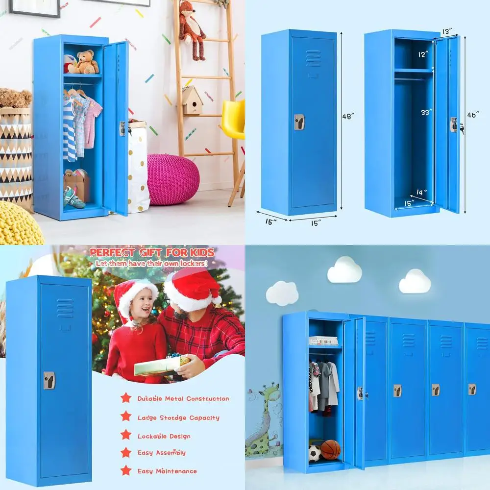 

Синий металлический шкафчик для детей на 48 ячеек с перекладиной для одежды и полкой, двухуровневое хранилище для игрушек, одежды и спортивного инвентаря, идеально подходит для детских садов
