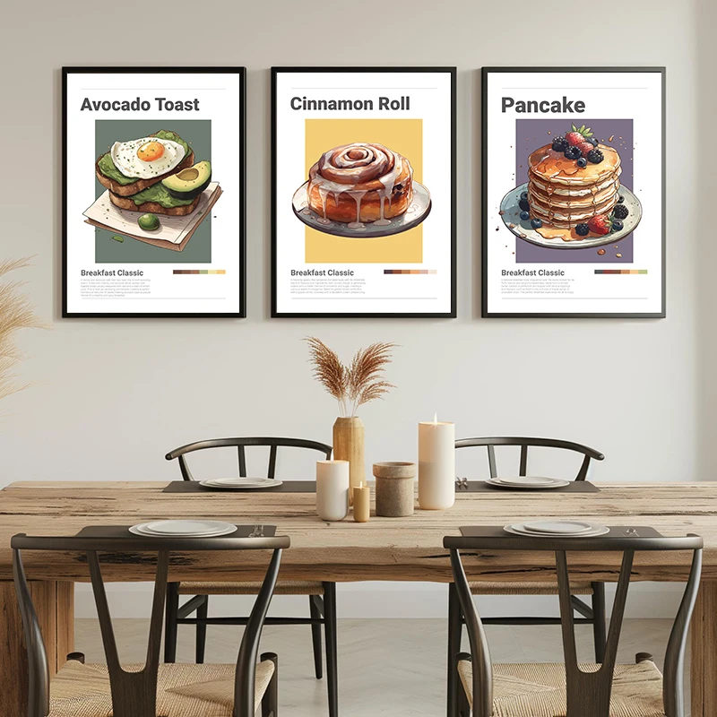 Breakfast Poster Waffles Pancake French Toast Cinnamon Roll Canvas Printing Prints Wall Art Picture for Restaurant Kitchen Decor