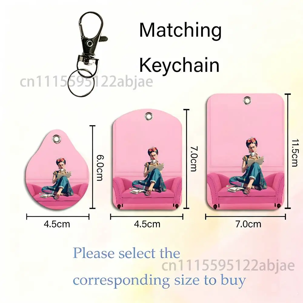 F-FridaS-S K-Kahlo Rectangle ID Card Case Keychain Access Card Bag Key Tag Ring Leather Card Holder Key Ring