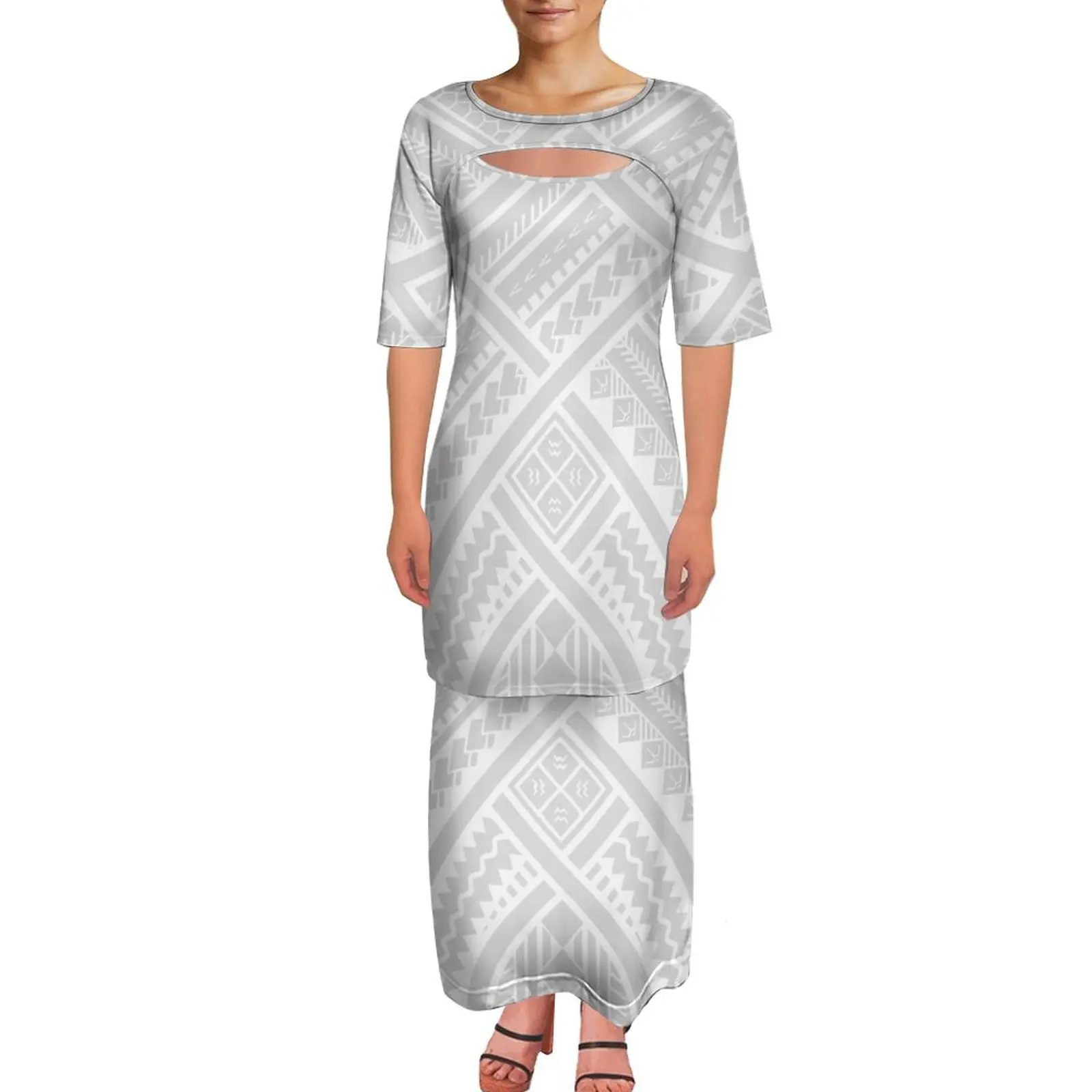 Comfortable And Soft Fabric Customizable Polynesian-Style Women'S White Sunday Dress With Two-Piece Open Design Puletasi Skirt