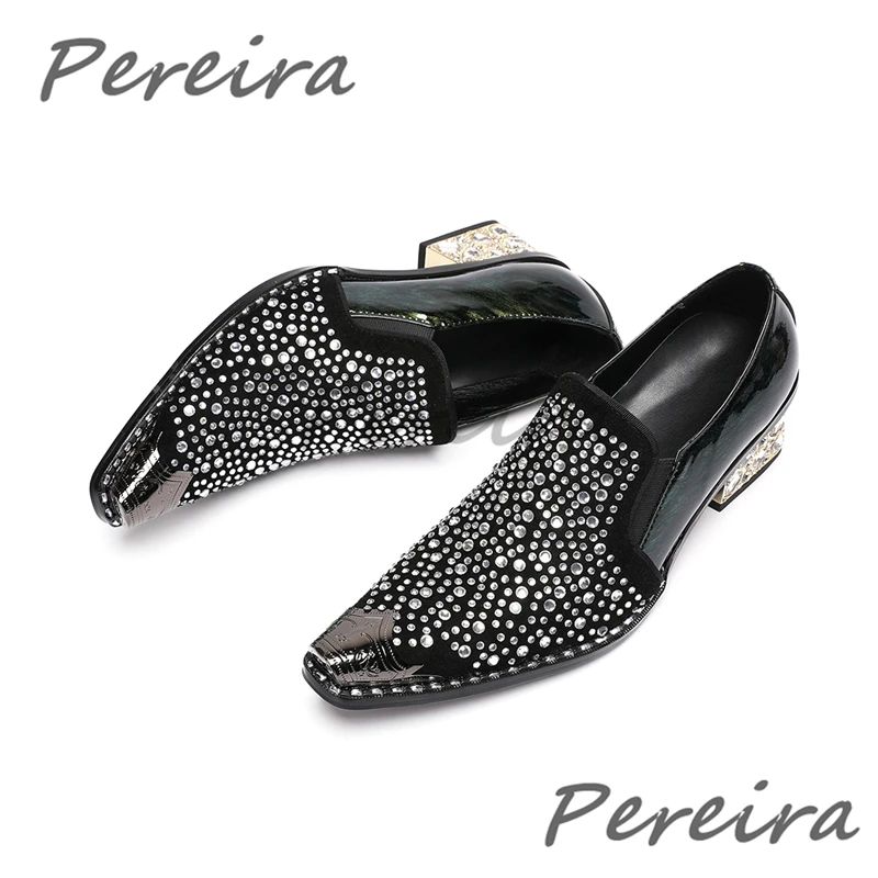 Men's Pointed Toe Business Dress Shoes Rhinestone Decor Black Suede Patchwork Metal Chunky Heel Loafers Party Prom Wedding Shoes