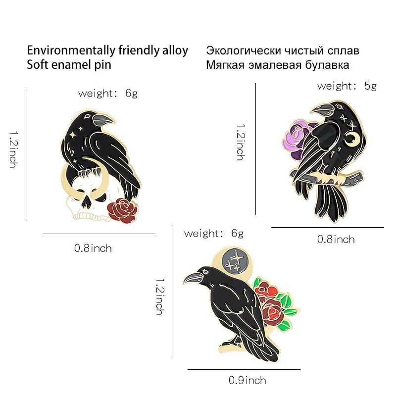 3Pcs Gothic Black Crow Raven Enamel Pins Skull Rose Brooch Vintage Punk Style Lapel Badge for Backpack Jeans Decor