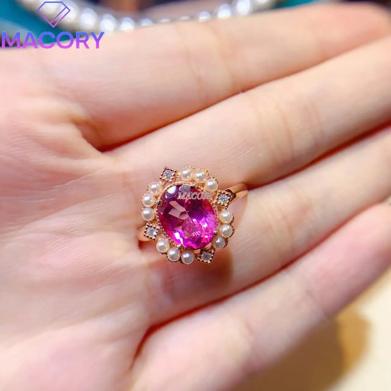 

Natural new pink topaz ring for women, 925 sterling silver, fashionable, youthful, classic jewelry with certificate