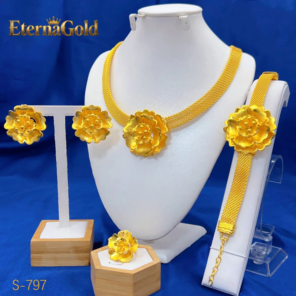 

EternaGold Женский набор из 4 предметов: ожерелье, серьги, кольцо, браслет с цветочным узором и кисточками из чистого золота 24K AU999 - Подарок из чистого золота, символ удачи