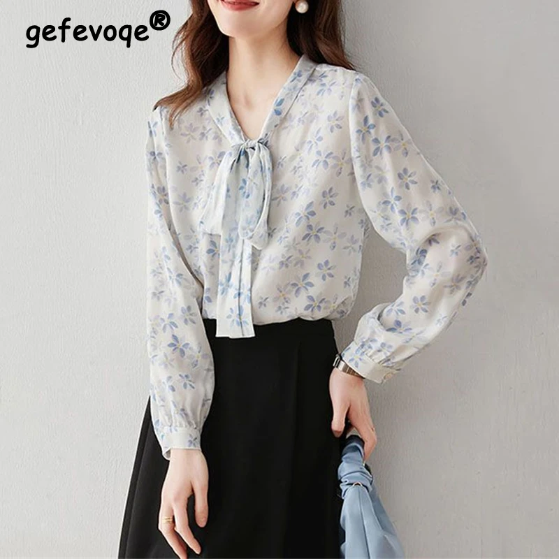 Women\'s Clothing Vintage Floral Print Bow Lace Up Elegant Blouse Korean Fashion Long Sleeve Office Lady Casual Shirt Loose Tops