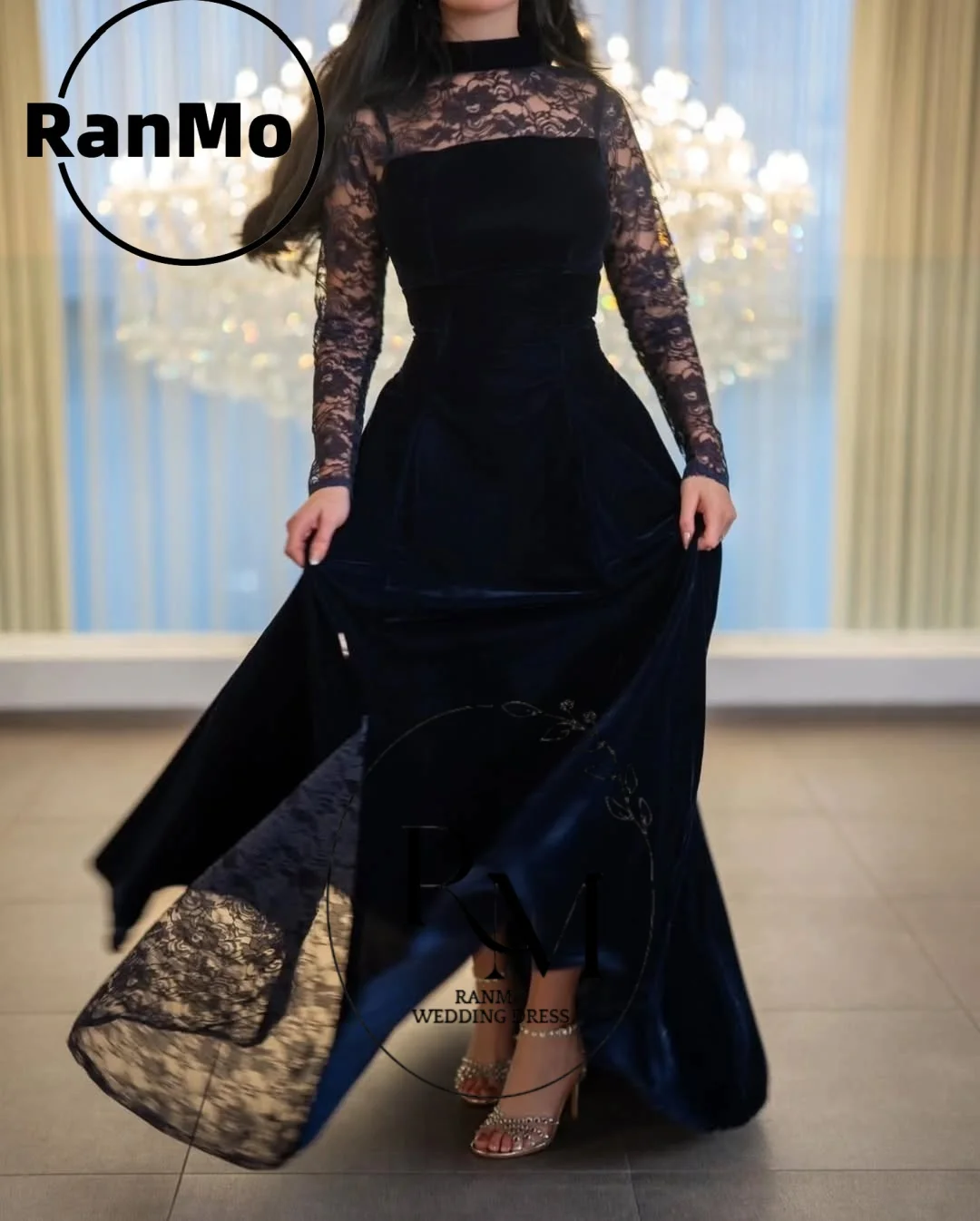 Ranmo Customized Exquisite 2026 O-Neck Casual Velour Pleat Lace Ruched Mermaid High Collar Long Dresses Evening Dresses Modest