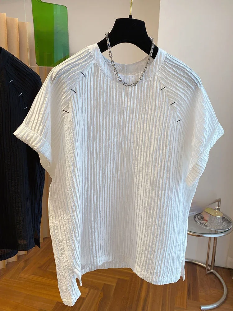 Chemisiers Vintage français à manches courtes, col rond, Patchwork, plis, chemises amples décontractées pour femmes, vêtements simples assortis avec tout, XT607