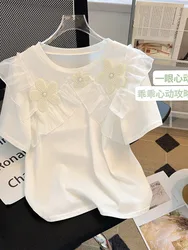 Women Flower Nail Bead Ruffle Round Neck Loose Short Sleeve Y2k T-shirts Top Ladies Sweet Korea Girl's Summer 2024
