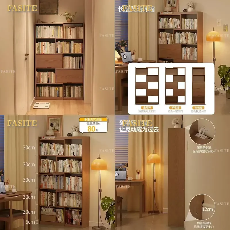 For Solid Wood Retractable Bookshelf Children Floor Shelf Wall Mounted Study Bookcase Storage Cabinet Living Room Display