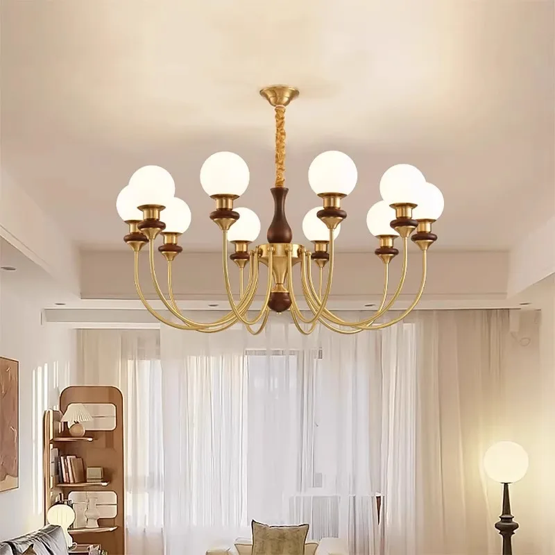 

French antique chandelier solid wood bedroom dining room magic bean chandelier American retro living room walnut lamps