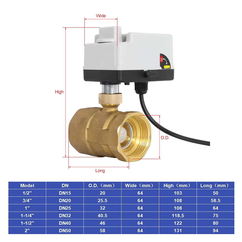 220V/12V DN15 DN20 DN25 Brass 2-Way Motorized Ball Valve 1/2