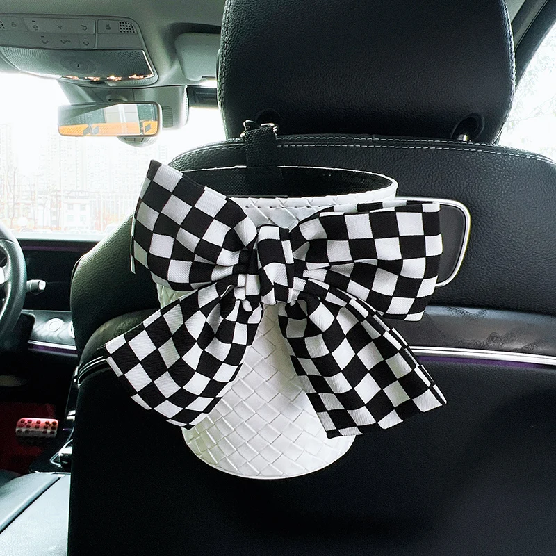 Creative Knit Leather Bowknot Car Trash Bin Can for Headrest Mini Auto Outlet Air Vent Rubbish Bag Garbage Storage Box for Women