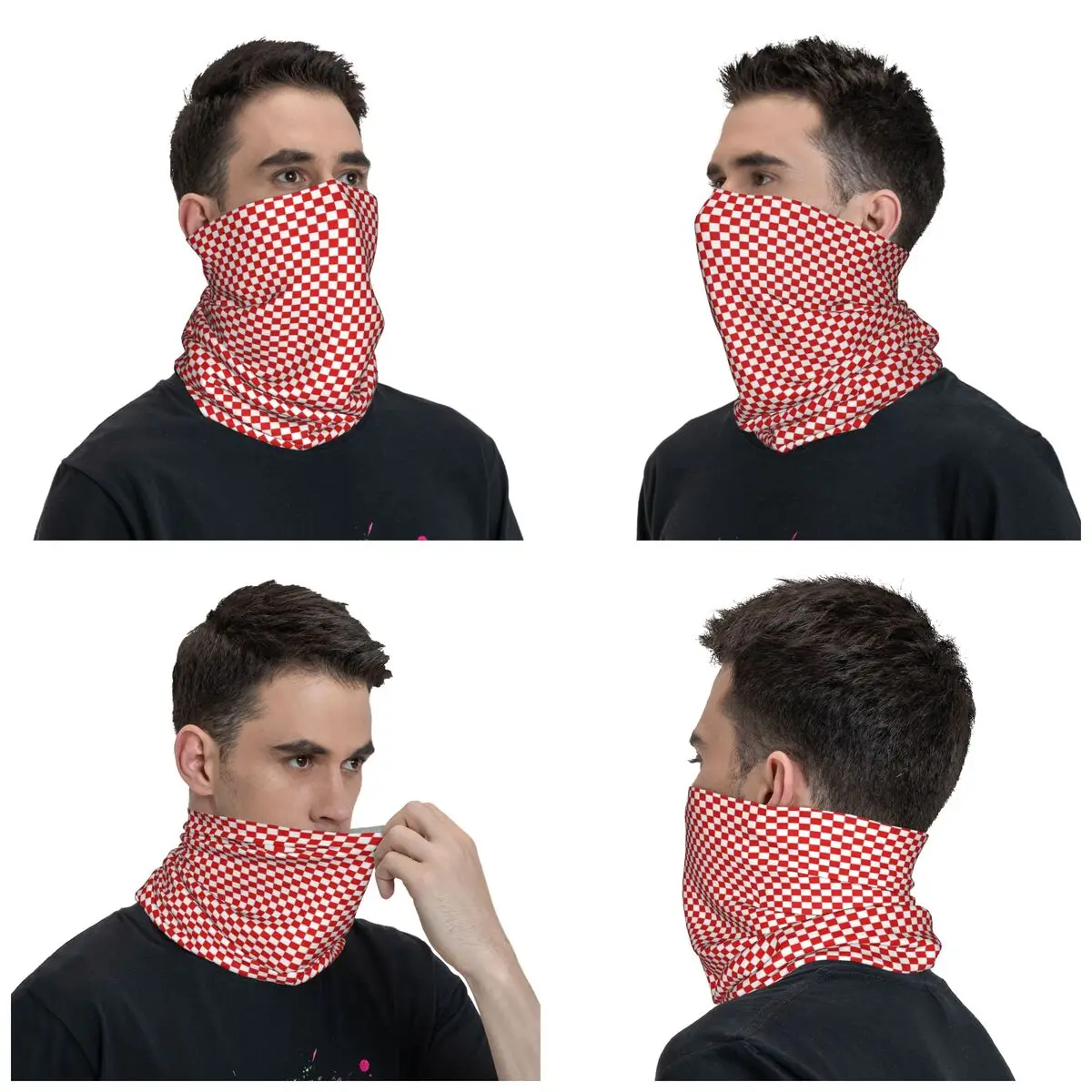 Checkerboard Plaid Bandana Neck Warmer Women Men Winter Ski Tube Scarf Gaiter Red And White Checker Face Cover