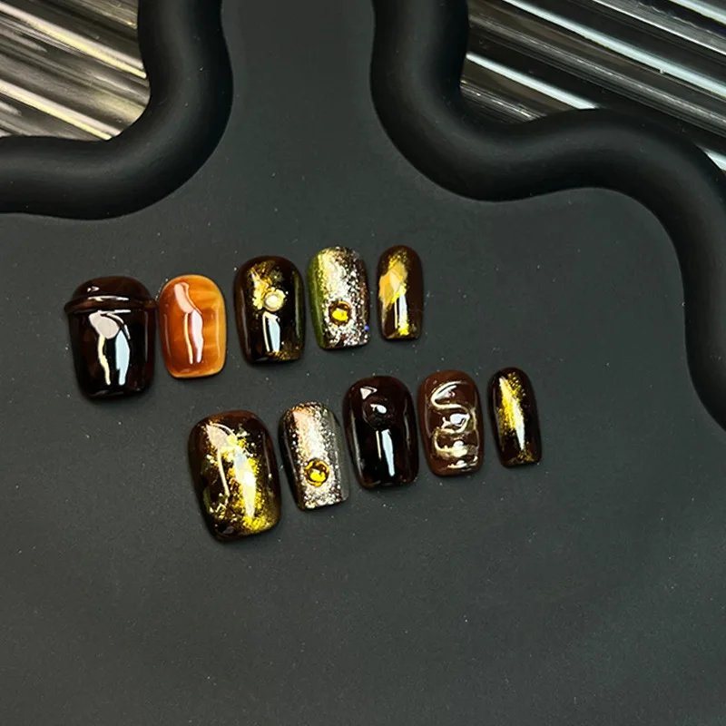 10 STKS Handgemaakte Korte Doodskist Druk op Nagels Glitter Poeder Diepbruin Gradiënt Franse Nep Nagel voor Spice Girls Wearable Gel nagel