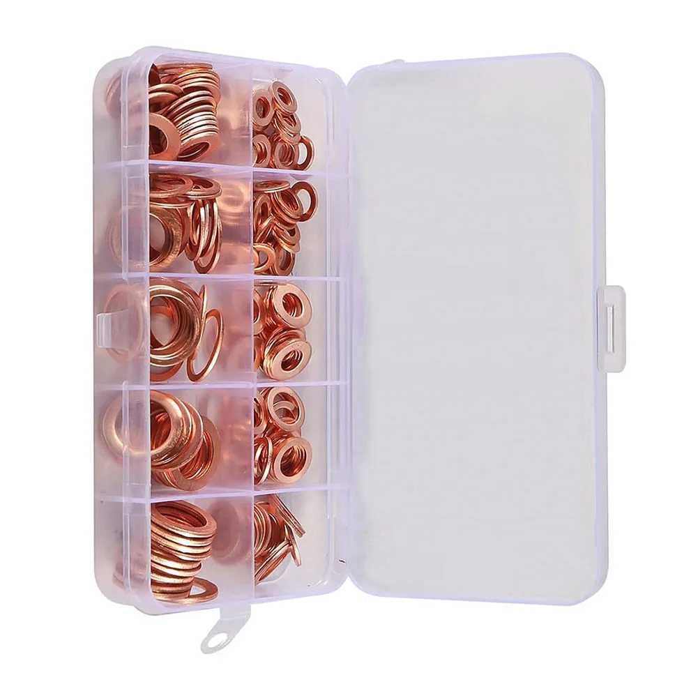 50/100/120/150/280pcs Copper Flat Washers Gasket Set With Box Sump Oil Seal Gasket Box Oil Plugging And Sealing Ring Combination