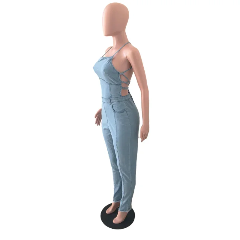 Fashion Backless Crossover Bandage Splicing Jumpsuit Women Back Zipper One-piece Trousers Female Casual Slim Suspenders Rompers