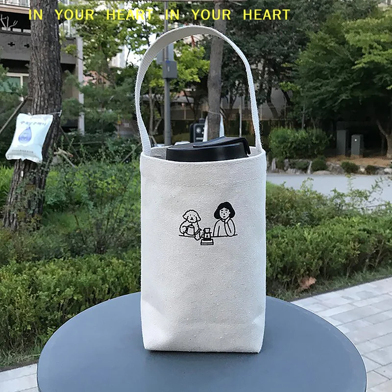 【X】Portable Tote Bag Water Cup Bottle Holder Coffee Milk Tea Canvas Bag Eco Mini Storage Small Handbag Red Wine Bag