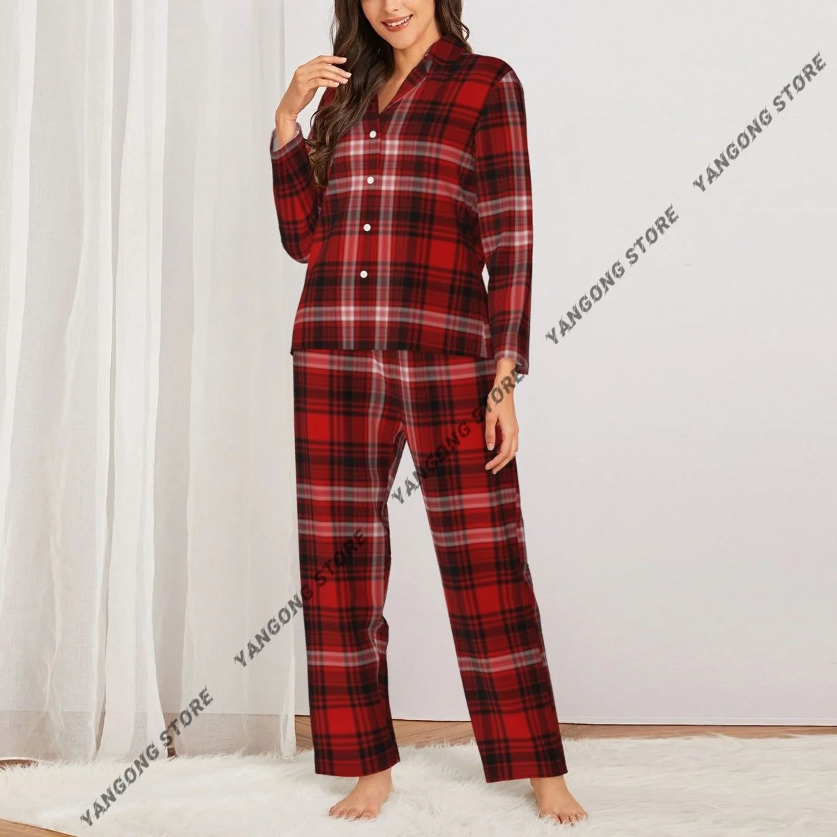 Women Sleepwear Pajamas Plaid Nostalgic Striped Pattern Long Sleeve Pijama Female Set Negligee Cardigan Suit