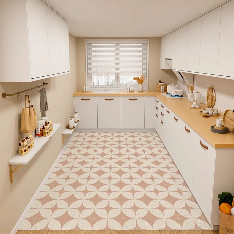 

Cream Style Kitchen Carpet PVC Leather Non-slip Waterproof Floor Mat Simple Dirt-resistant Wipeable No-clean Rug Home Decoration