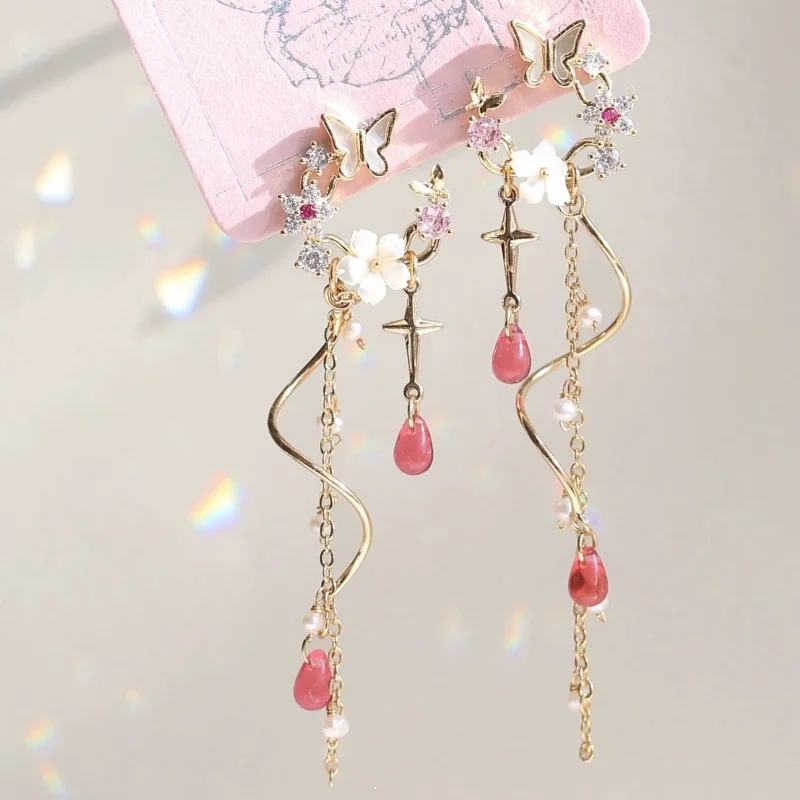 Exquisite Flower Butterfly Long Tassel Earrings for Women Fashion Cute Summer Daily Accessories Party Jewelry Birthday Gift