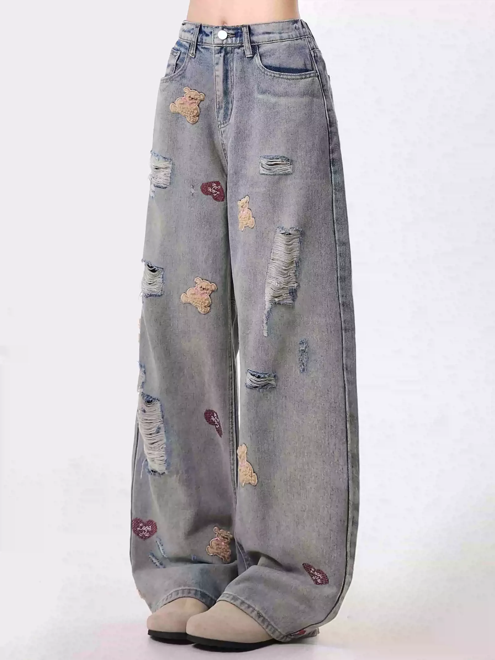 Y2K Streetwear Jeans larghi con ricamo strappato Pantaloni in denim da donna a gamba larga vintage hip-hop Harajuku
