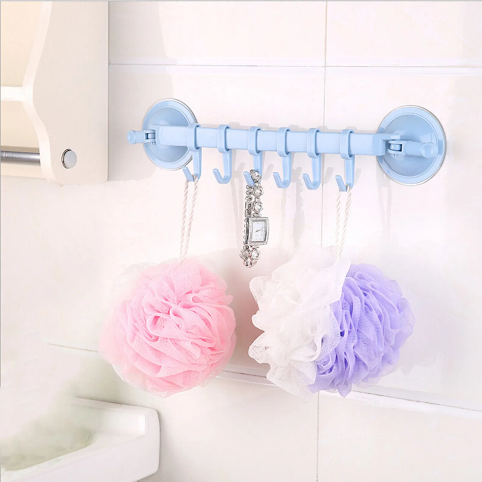 6-Linked Wall Hook Rack Lock Suction Cups Fits Glass Tile Smooth Surfaces No Hole No Damage Towel Organizer Shelf