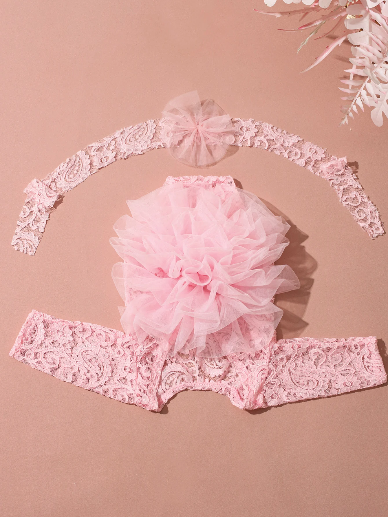 Ylsteed 2-teiliges Set, staubiger rosa Spitzen-Strampler für Neugeborene für Fotoshootings, flauschige Mesh-Spitzen-Fotografie-Outfits mit Stirnband – Detail 31