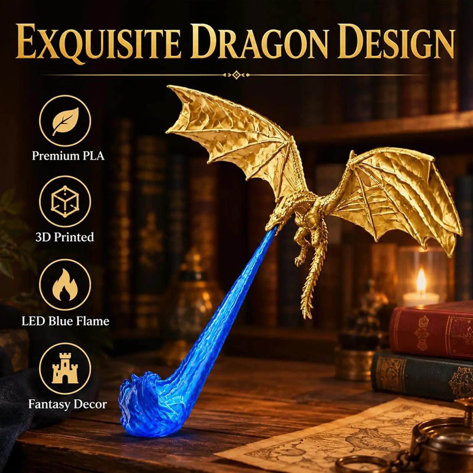 Dragon Bookshelf Nook Light 3D Fire-Breathing Shelf Decor Flying Dragon Design Book Lover Gift Halloween Shelf Display
