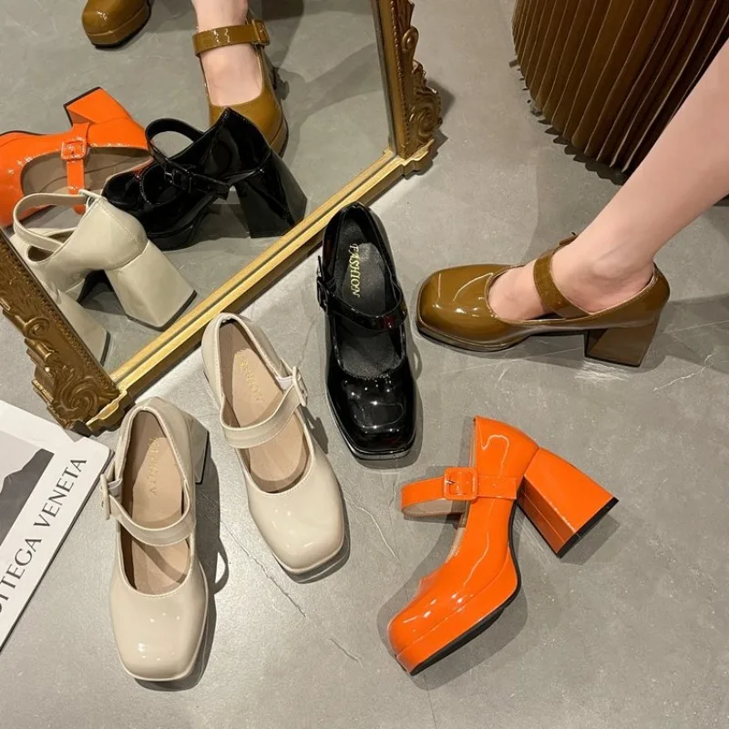 Lady Mary Jane Shoes 2024 New Square Toe Platform Women High Heels Big Size 35-44 Women\'s Chunky Heels Non-slip Pumps