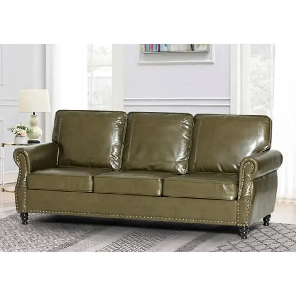 Traditional Classic Faux Leather Sofa with Nailhead Trim 3-Seat Couch Turned Wooden Legs Mid-Century Design Premium Material