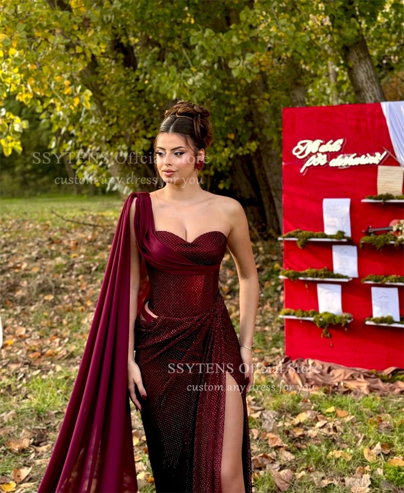 SSYTENS – robe de soirée de forme sirène, bordeaux, fente haute, asymétrique épaule dénudée, robe de bal à paillettes, pour occasions formelles, personnalisée
