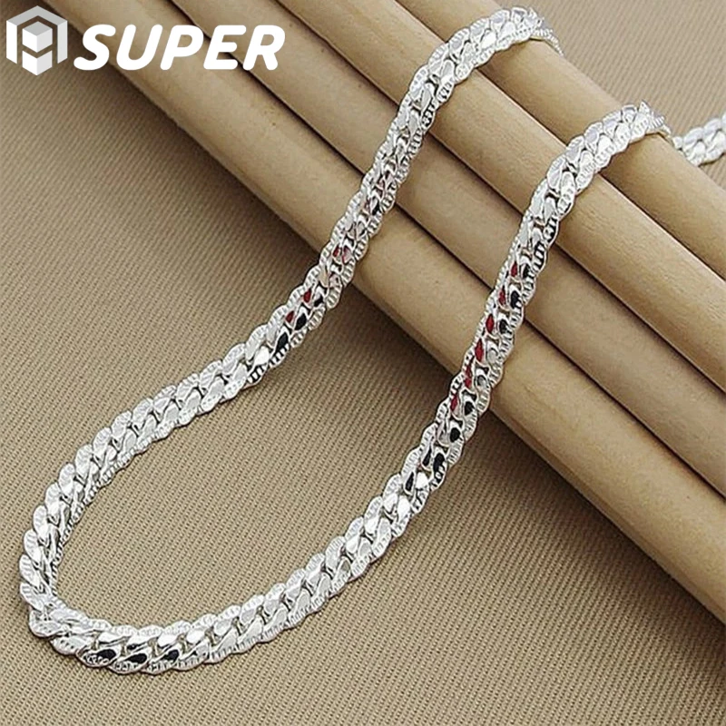 

925 Sterling Silver 6mm Side Chain 8/18/20/22/24 Inch Necklace For Woman Men Fashion Wedding Engagement Jewelry Gift