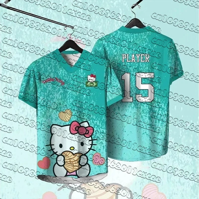 

2025 Sanrio Cartoon Hello Kitty V-neck Football Jersey Fashion Sportswear Kid/Adult Loose Casual Breathable Sport 3D Printed Tee