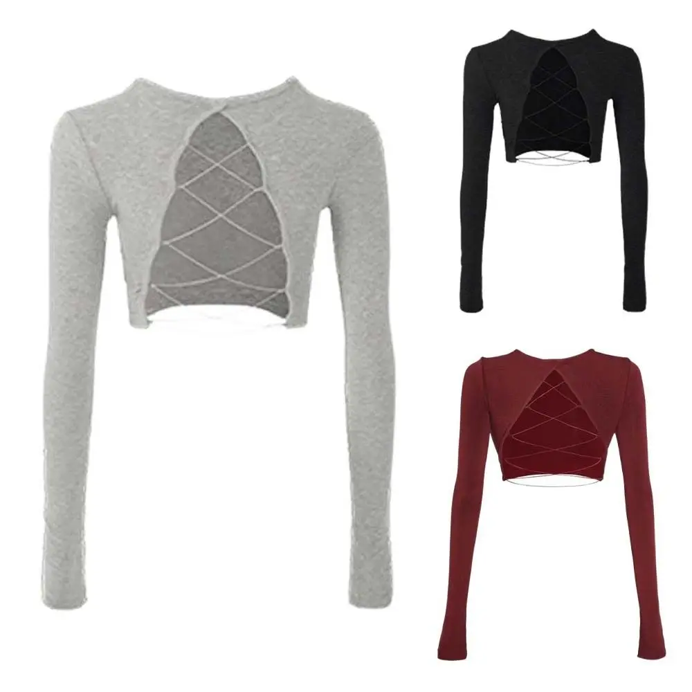 

Comfortable Long Sleeve Yoga Top Women Lacing Up Elastic Backless T Shirts Female Clothes Fitness Wear Bottoming Shirts Fitness