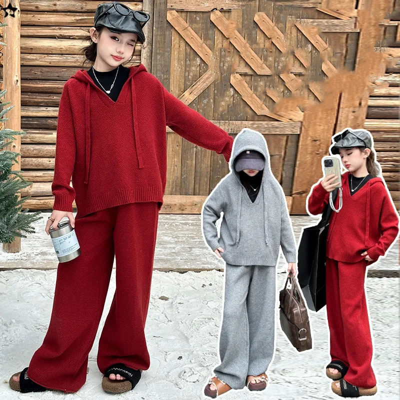 

Kids Girls Knitted 2pcs Sets Autumn Hooded Sweater+Bootcut Pant Children Girls Outfit Simple Solid 4-14Y Girls Casual Suits